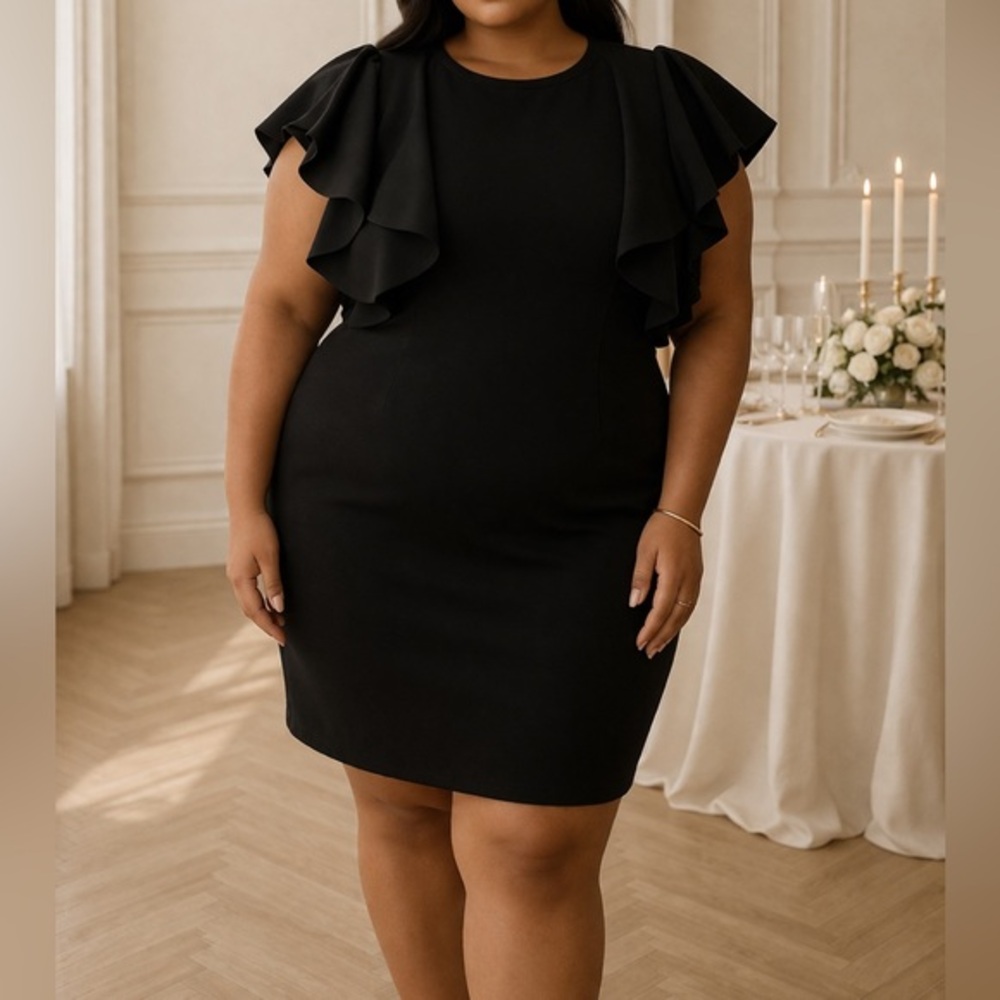Club L London Black Ruffle Sleeve Cocktail Party Bodycon Dress